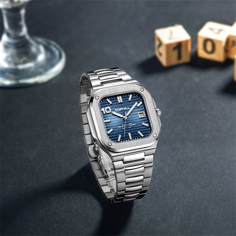 TOPHILL Men's Square Automatic Watch - 39mm 316L Steel Case & Bracelet, Date Window, Sapphire Glass, 5ATM Water Resistant, Butterfly Clasp, TW089G