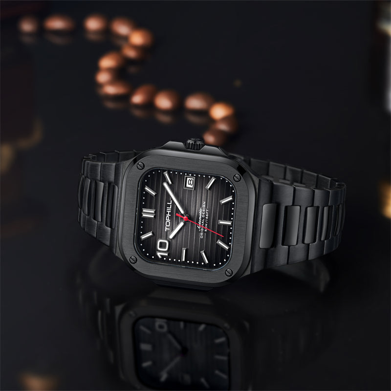 TOPHILL Men's Square Automatic Watch - 39mm 316L Steel Case & Bracelet, Date Window, Sapphire Glass, 5ATM Water Resistant, Butterfly Clasp, TW089G