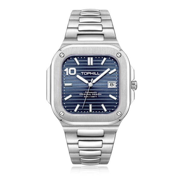 TOPHILL Herrenuhr, quadratisch, Automatikwerk – 39 mm, Gehäuse und Armband aus 316L-Edelstahl, Datumsanzeige, Saphirglas, 5 ATM wasserdicht, Faltschließe, Luxus-Sportuhr