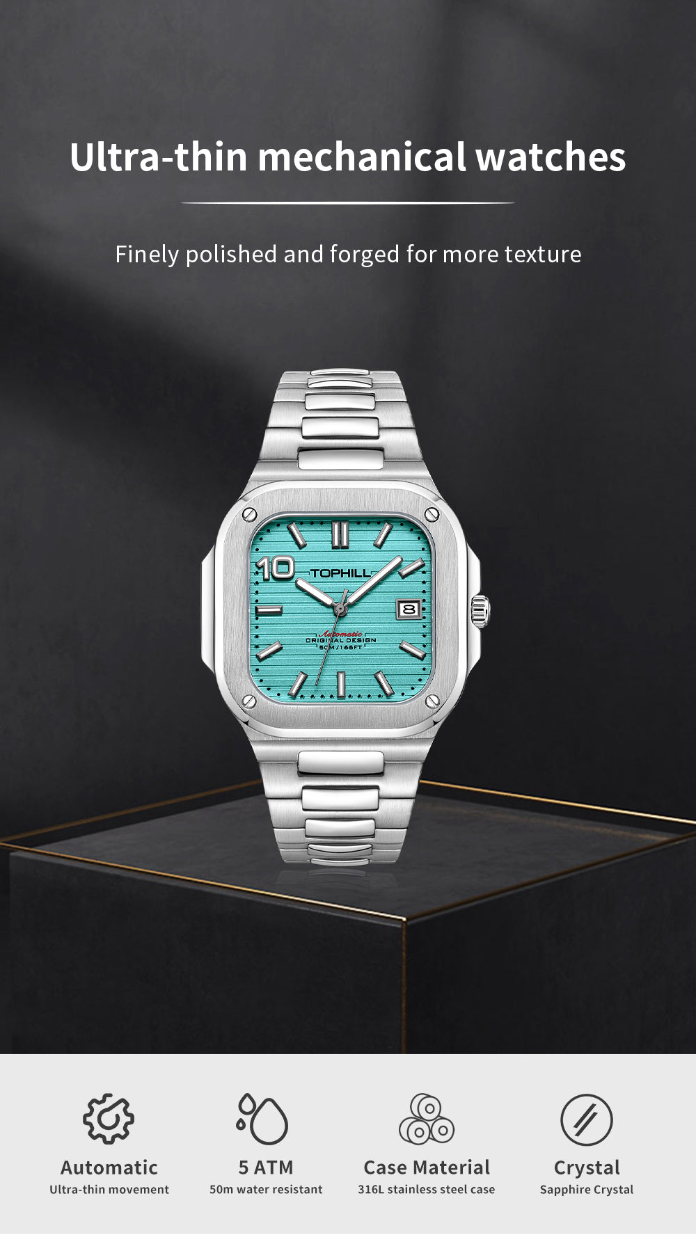 TOPHILL Men's Square Automatic Watch - 39mm 316L Steel Case & Bracelet, Date Window, Sapphire Glass, 5ATM Water Resistant, Butterfly Clasp, Luxury Sports Watch tophillwatch.com