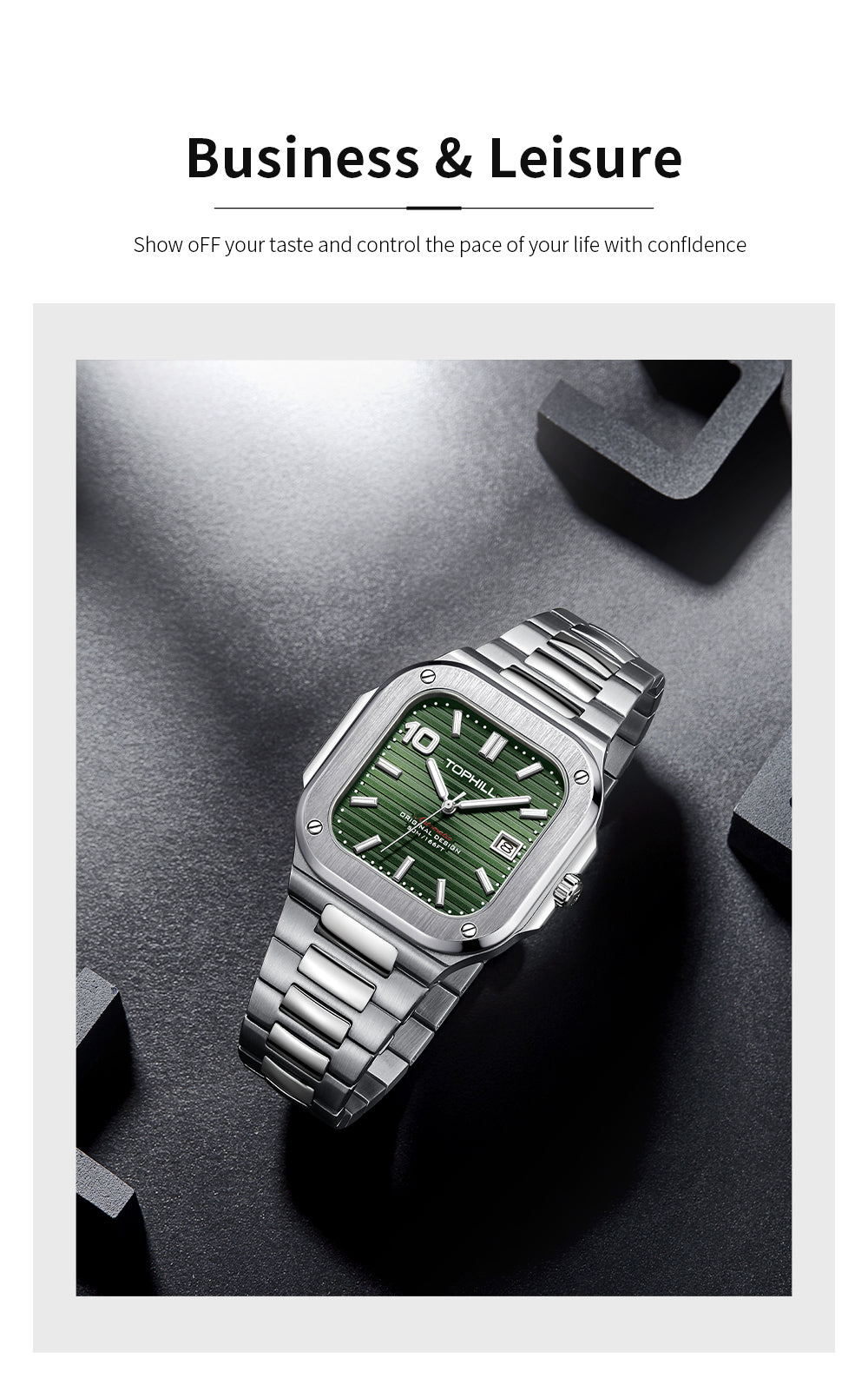 TOPHILL Men's Square Automatic Watch - 39mm 316L Steel Case & Bracelet, Date Window, Sapphire Glass, 5ATM Water Resistant, Butterfly Clasp, Luxury Sports Watch tophillwatch.com