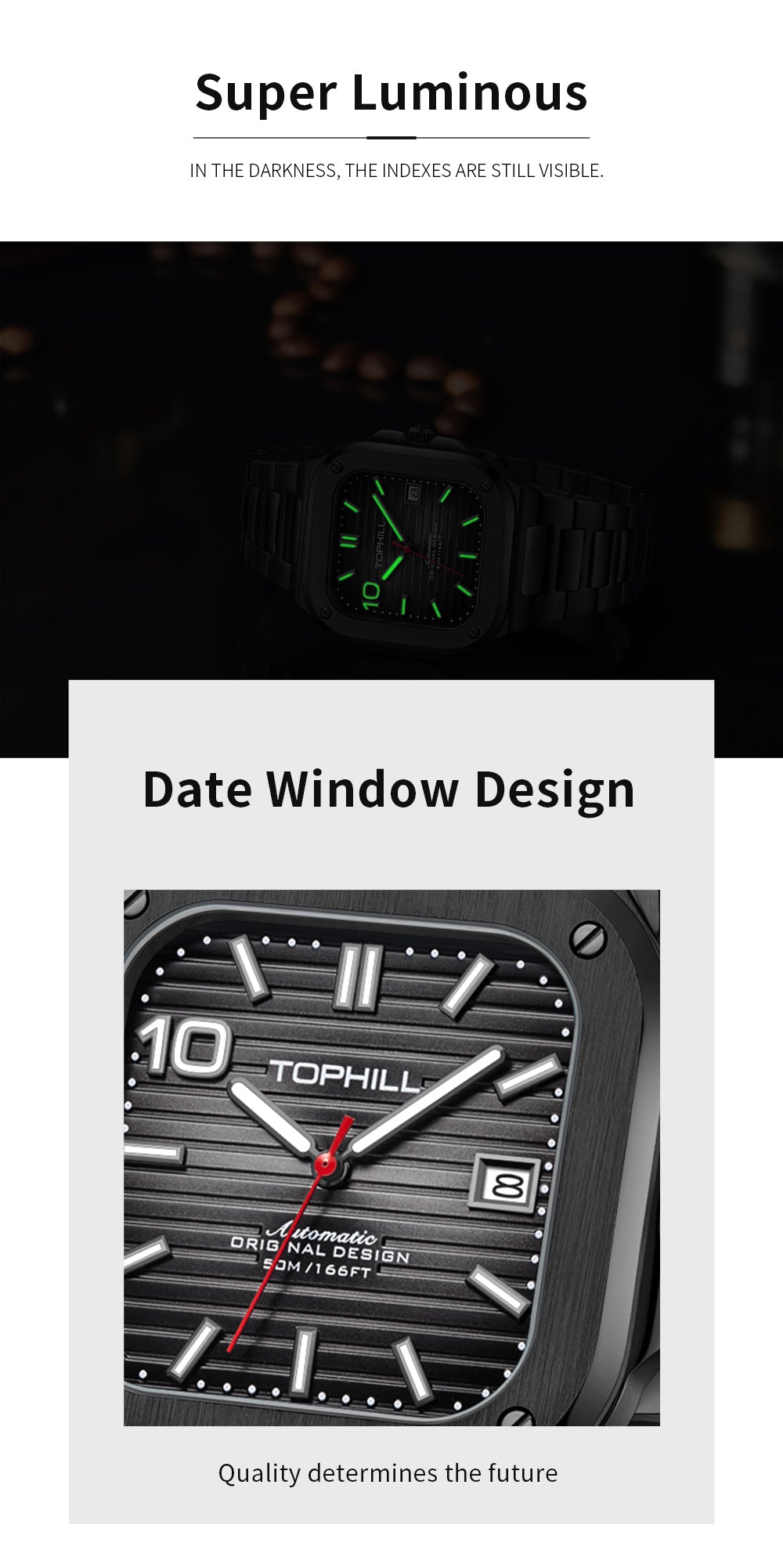 TOPHILL Men's Square Automatic Watch - 39mm 316L Steel Case & Bracelet, Date Window, Sapphire Glass, 5ATM Water Resistant, Butterfly Clasp, Luxury Sports Watch tophillwatch.com