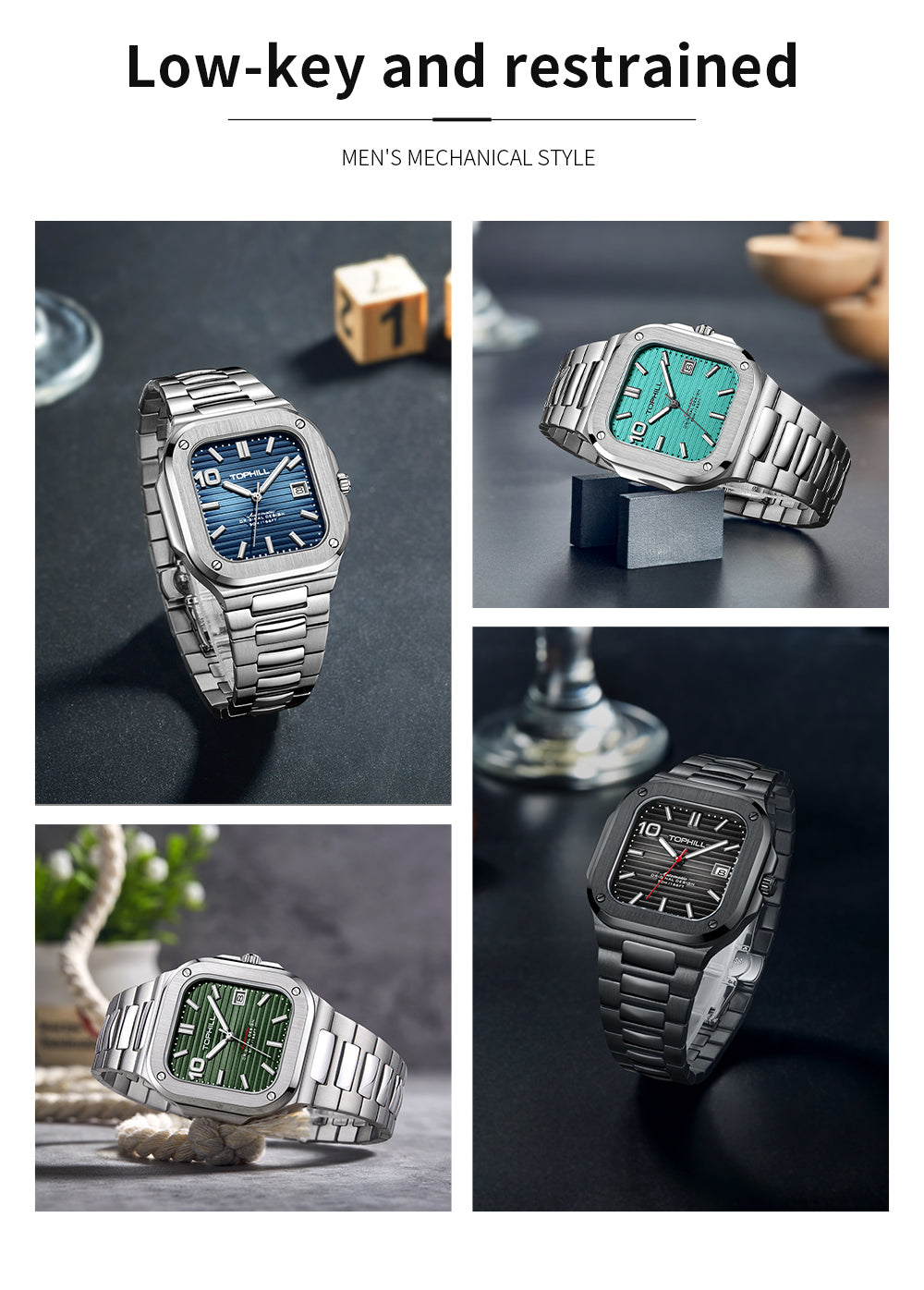 TOPHILL Men's Square Automatic Watch - 39mm 316L Steel Case & Bracelet, Date Window, Sapphire Glass, 5ATM Water Resistant, Butterfly Clasp, Luxury Sports Watch tophillwatch.com