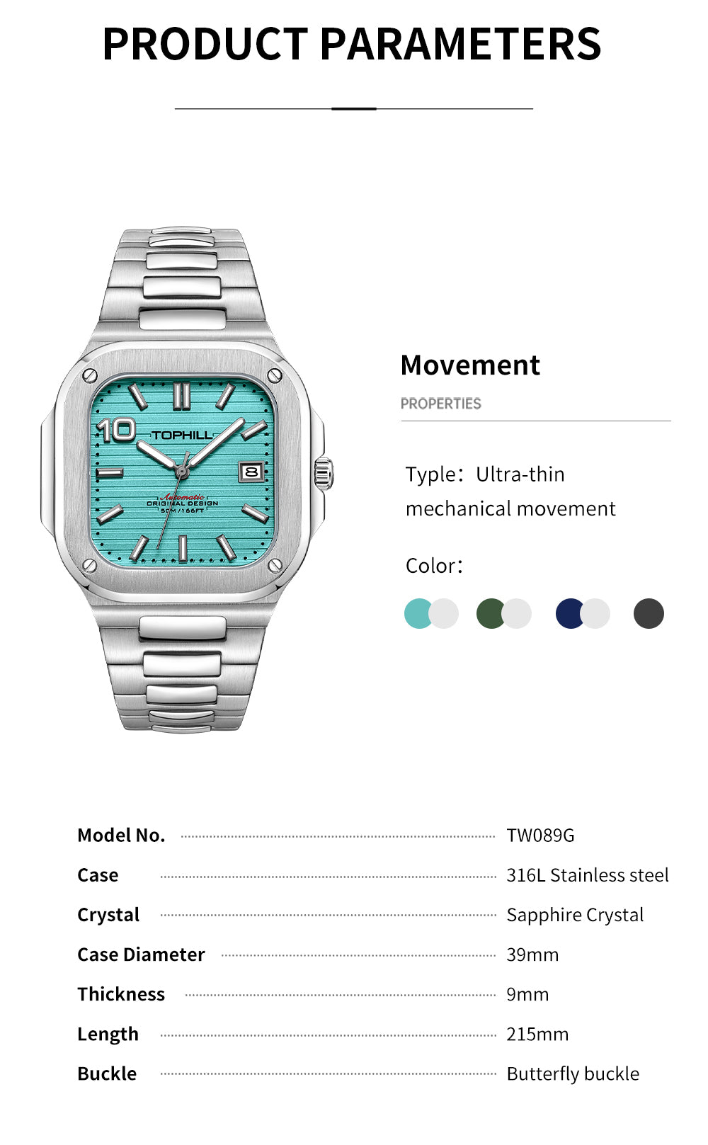 TOPHILL Men's Square Automatic Watch - 39mm 316L Steel Case & Bracelet, Date Window, Sapphire Glass, 5ATM Water Resistant, Butterfly Clasp, Luxury Sports Watch tophillwatch.com