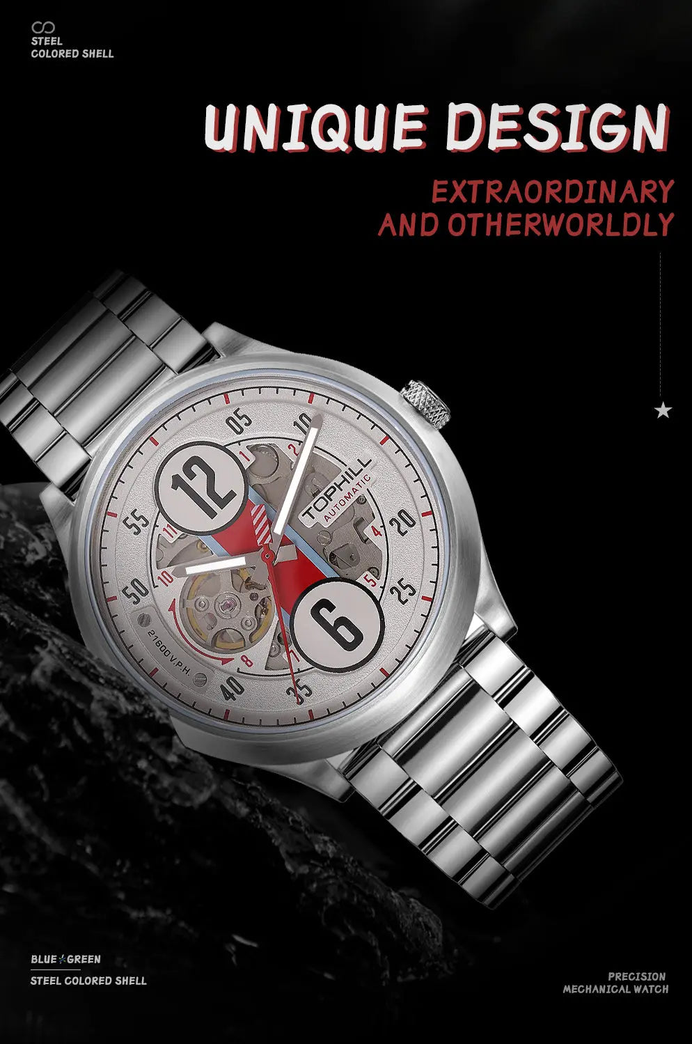 TOPHILL Men's Automatic Mechanical Watch - 44mm Open-Work Racing Dial, 21,600 BPH Self-Winding, 316L Stainless Steel, Sapphire Glass, 5ATM Water Resistant, Sport Luxury Wristwatch tophillwatch.com