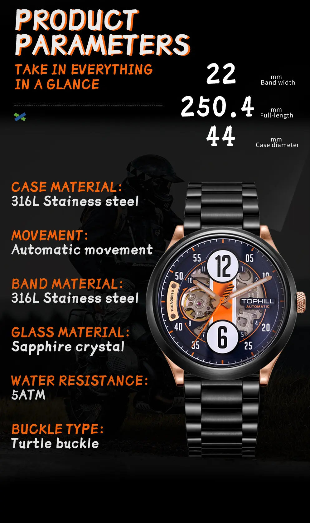 TOPHILL Men's Automatic Mechanical Watch - 44mm Open-Work Racing Dial, 21,600 BPH Self-Winding, 316L Stainless Steel, Sapphire Glass, 5ATM Water Resistant, Sport Luxury Wristwatch tophillwatch.com