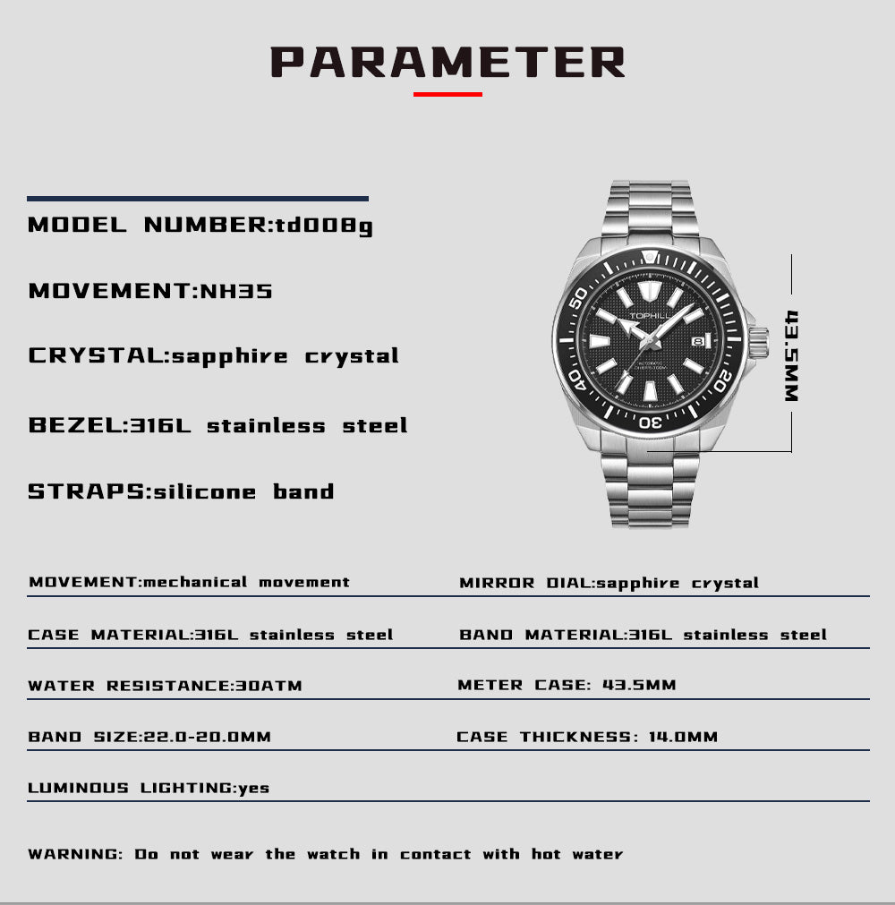 TOPHILL Men's Automatic Dive Watch 300M Waterproof, NH35 Movement, Sapphire Crystal, 316L Steel Bracelet, Luminous Dial, Date Function, Professional Diving Equipment TD008G tophillwatch.com