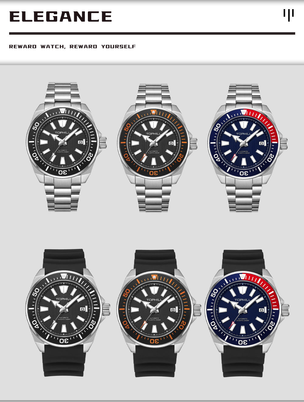 TOPHILL Men's Automatic Dive Watch 300M Waterproof, NH35 Movement, Sapphire Crystal, 316L Steel Bracelet, Luminous Dial, Date Function, Professional Diving Equipment TD008G tophillwatch.com