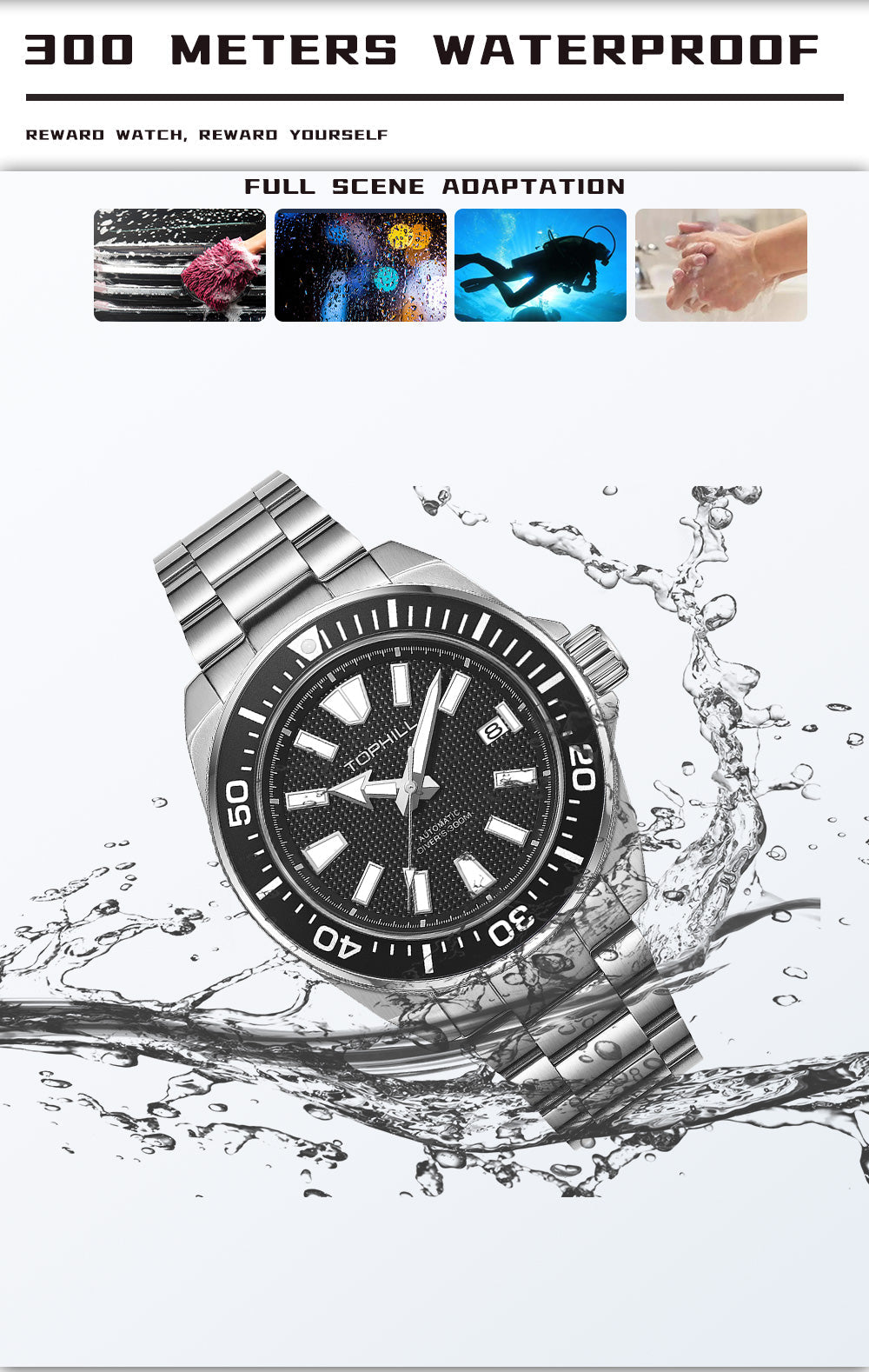 TOPHILL Men's Automatic Dive Watch 300M Waterproof, NH35 Movement, Sapphire Crystal, 316L Steel Bracelet, Luminous Dial, Date Function, Professional Diving Equipment TD008G tophillwatch.com
