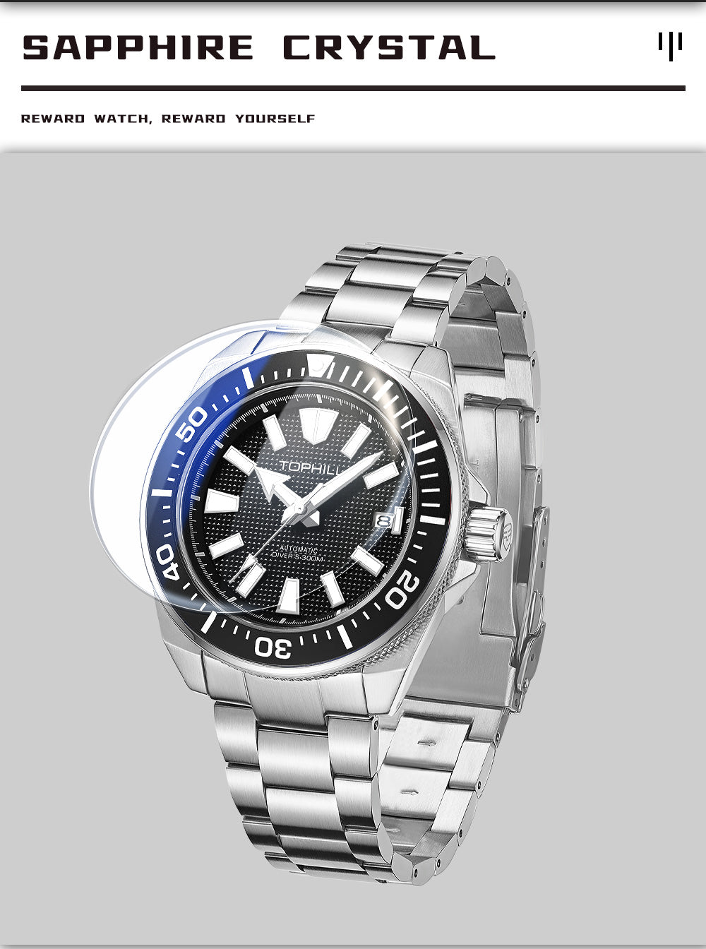 TOPHILL Men's Automatic Dive Watch 300M Waterproof, NH35 Movement, Sapphire Crystal, 316L Steel Bracelet, Luminous Dial, Date Function, Professional Diving Equipment TD008G tophillwatch.com