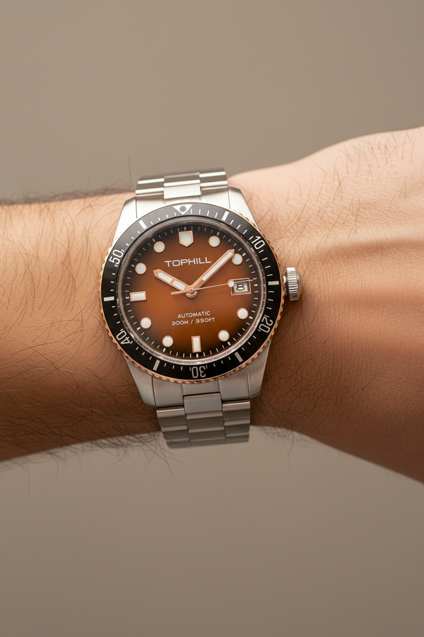 TOPHILL Amber Dial Diver Watch On Wrist
