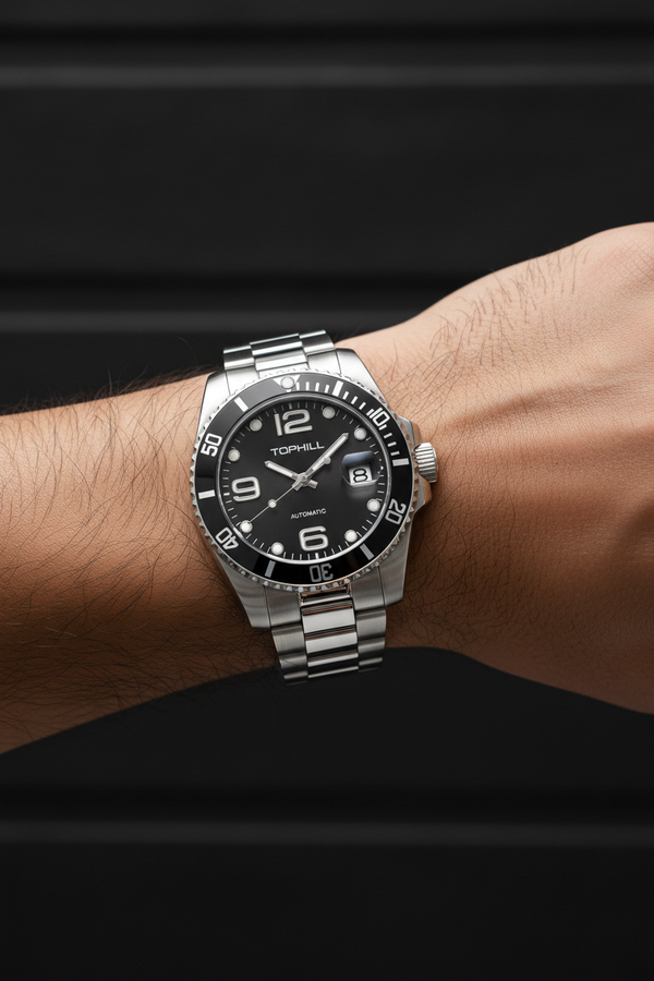 TOPHILL Black Dial Diver Watch On Wrist