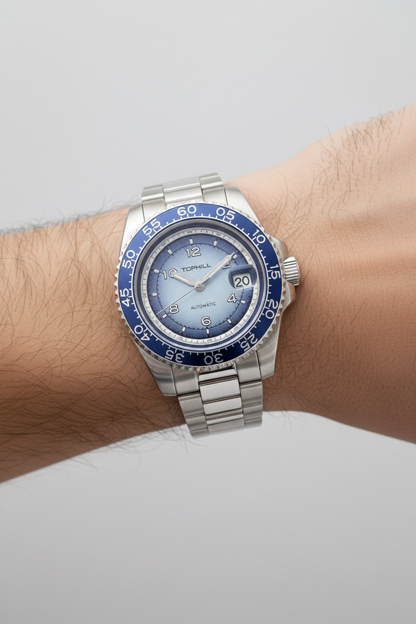 TOPHILL Blue Bezel Watch On Wrist