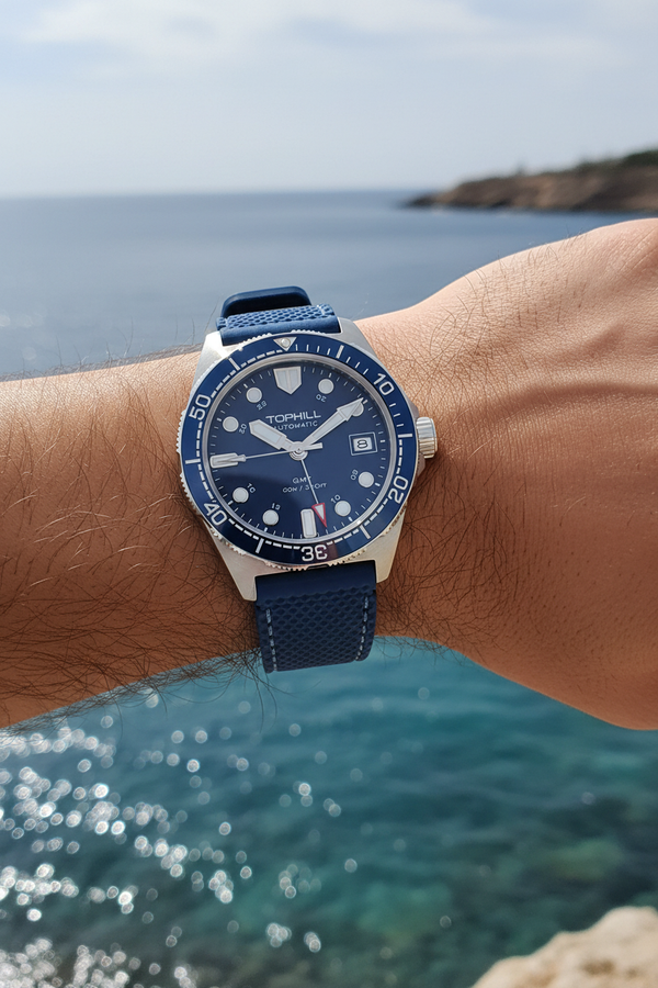 TOPHILL GMT Blue Rubber Strap Watch On Wrist