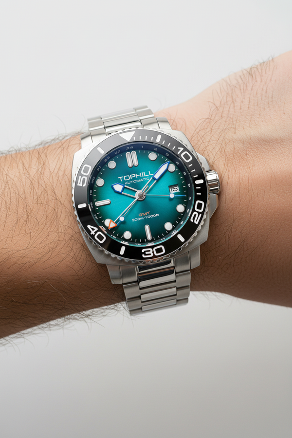 TOPHILL GMT Green Dial Watch On Wrist