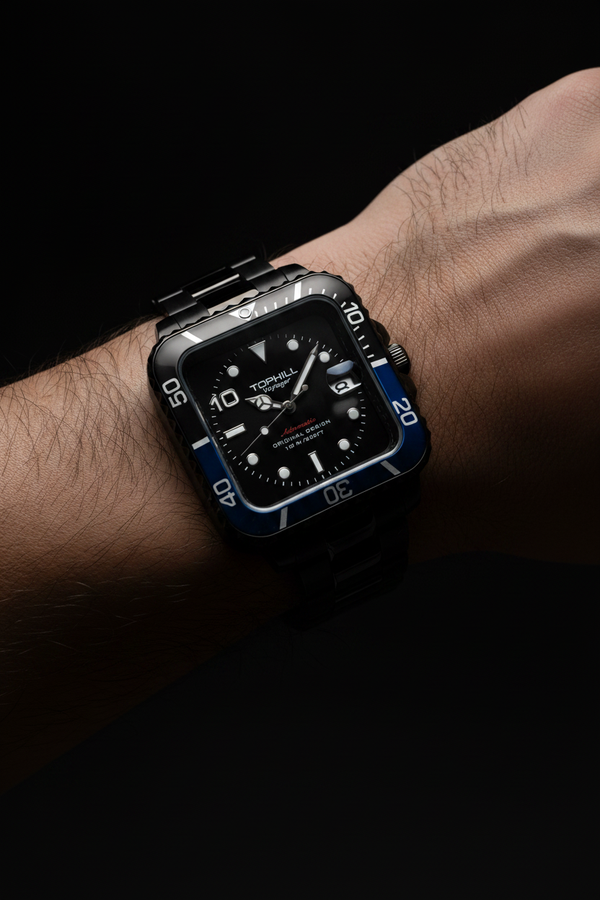 TOPHILL Voyager Square Black Blue Watch On Wrist