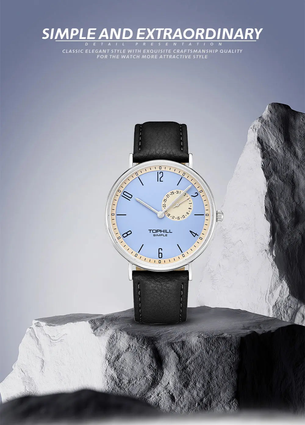 TOPHILL SIMPLE Men's Classic Analog Watch - 40mm Steel Case, Sapphire Glass, Leather Band, Multi-Level Dial with Date Display, 3ATM Water Resistant, Minimalist Business Watch for Men