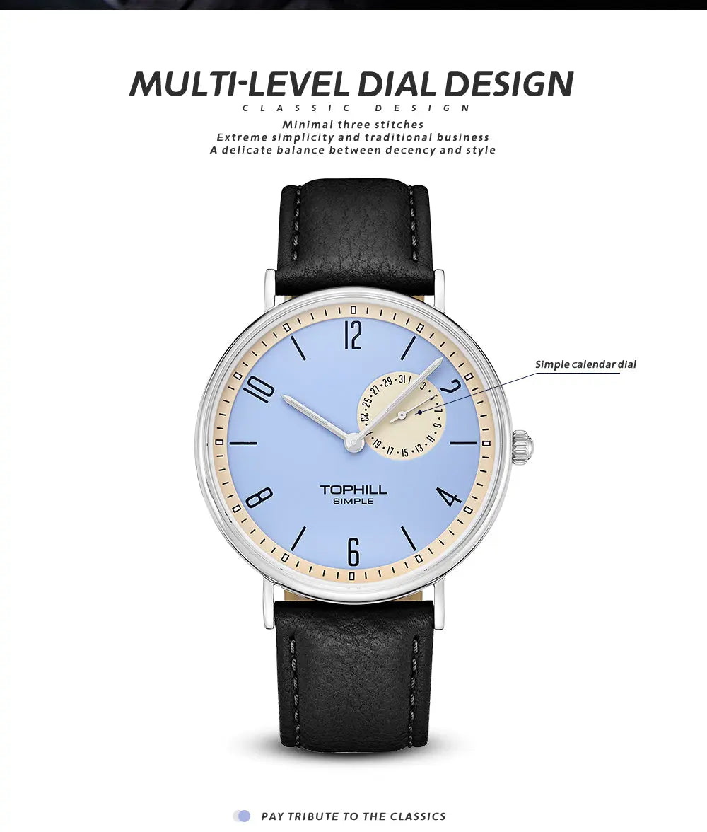 TOPHILL SIMPLE Men's Classic Analog Watch - 40mm Steel Case, Sapphire Glass, Leather Band, Multi-Level Dial with Date Display, 3ATM Water Resistant, Minimalist Business Watch for Men