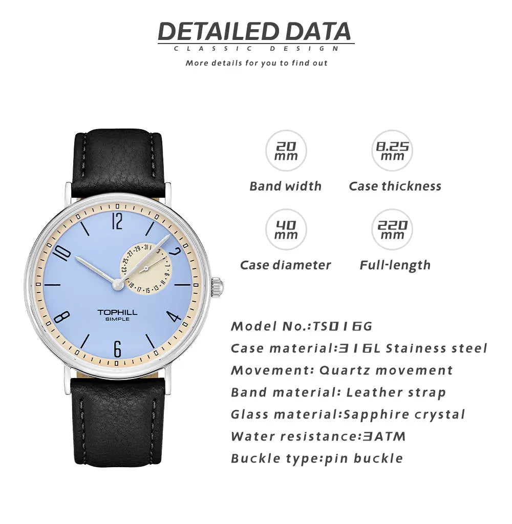 TOPHILL SIMPLE Men's Classic Analog Watch - 40mm Steel Case, Sapphire Glass, Leather Band, Multi-Level Dial with Date Display, 3ATM Water Resistant, Minimalist Business Watch for Men