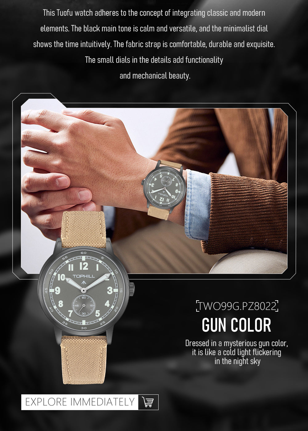 TOPHILL Men's Tactical Field Watch - 40mm Japan Quartz Movement, Canvas Band, Luminous Dial, Small Seconds, Sapphire Glass, Military Style Outdoor Watch for Men tophillwatch.com