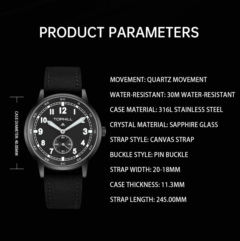 TOPHILL Men's Tactical Field Watch - 40mm Japan Quartz Movement, Canvas Band, Luminous Dial, Small Seconds, Sapphire Glass, Military Style Outdoor Watch for Men tophillwatch.com